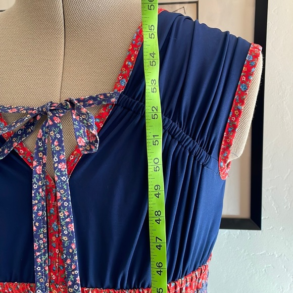 Vintage GODDESS DRESS 1970s Maxi blue & reds L - Picture 12 of 13